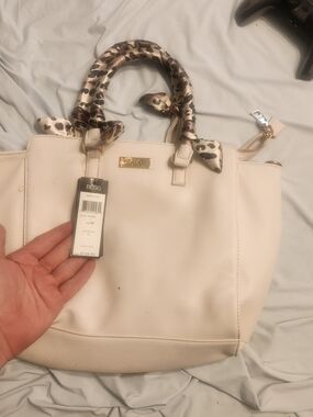 BCBG Cream Tote with Leopard-Print Scarf-Wrapped Handles